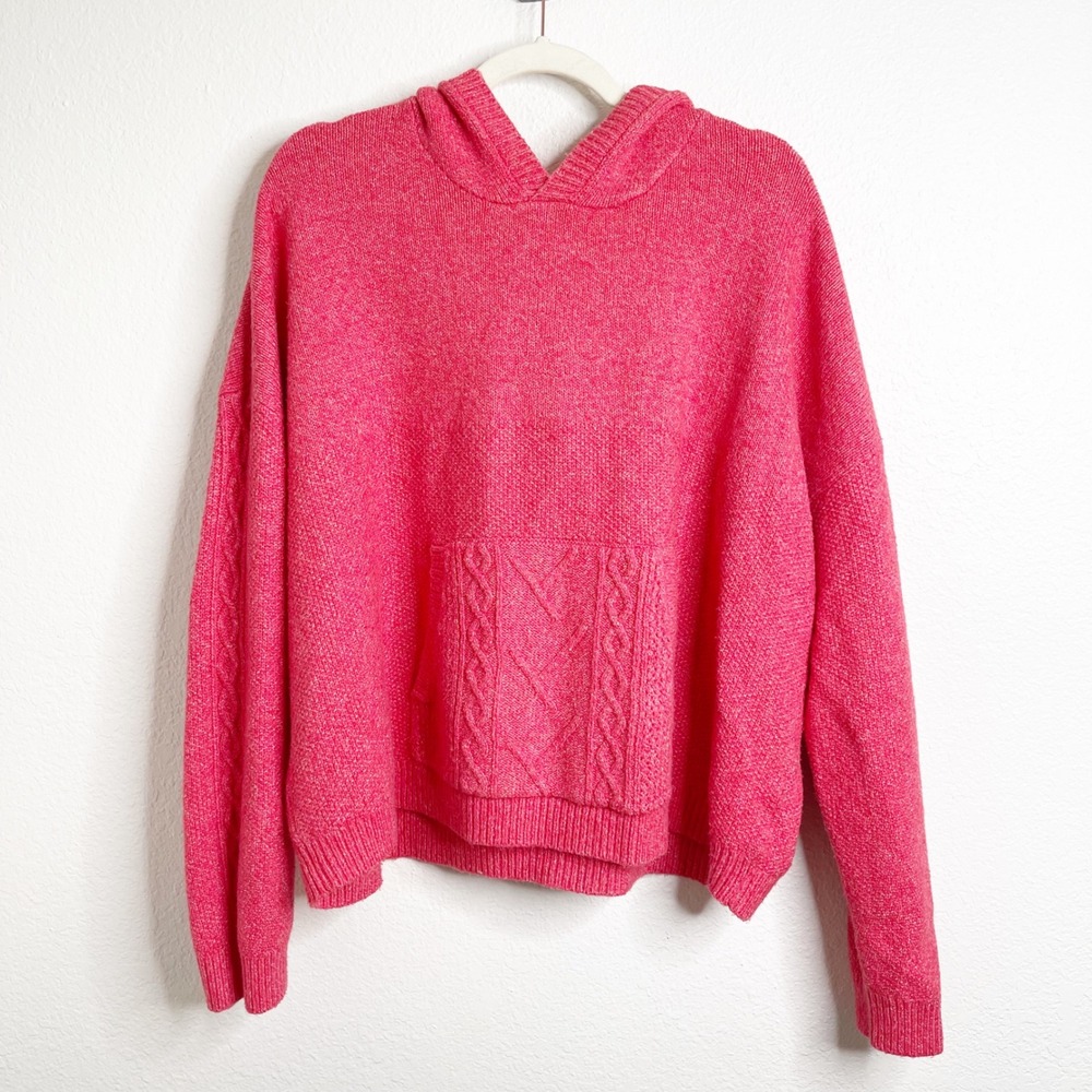 Cabi 4473 Pink Cable Knit Hoodie Sweater Womens XL Marled Cotton Blend Relaxed